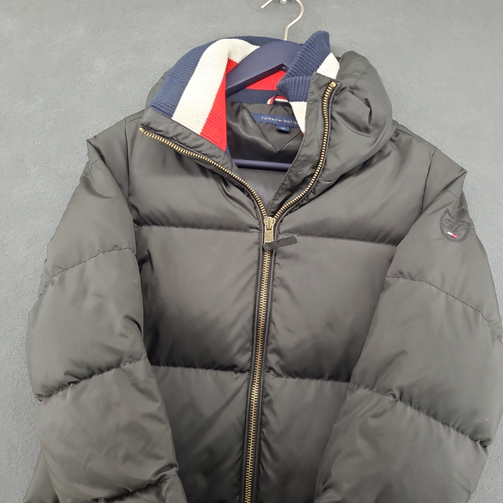Tommy Hilfiger Down Puffer Coat Womens Small Long Black Maxi Jacket Ribbed Cuffs